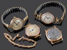 A 1920s Ladies 9ct gold Rolex wristwatch and three other 9ct gold wristwatches (5)
