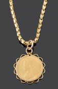 A Victorian 1899 fine gold sovereign pendant on chain