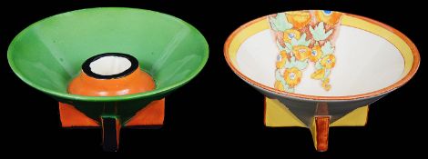A rare Clarice Cliff Conical Yoo Hoo pattern candle holder; one other (2)