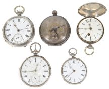 Five Victorian silver cased mostly open faced fusee pocket watches