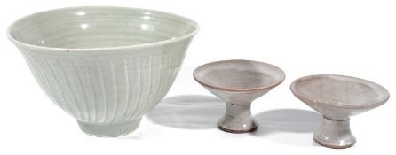 A Jeremy Leach Lowerdown studio pottery porcelain bowl; David Leach Lowerdown candlesticks (3)