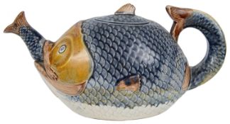 A 19th century novelty majolica teapot in the form of a fish