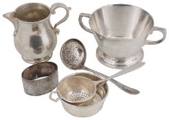 A George VI Art Deco silver twin handled sugar bowl; others