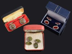 A pair of Norwegian red and white guillioche enamel silver cufflinks