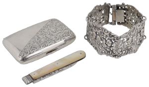 A late 19th c. Continental white metal panel bracelet; others