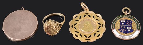 A Continental 18ct gold pendant, a 9ct gold medal and a 9ct locket and a 9ct gold ring