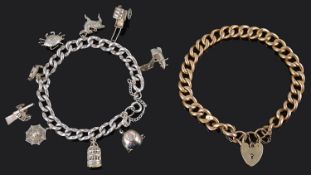 A 9ct gold curb link bracelet and Sterling silver charm bracelet