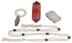 A Continental Art Nouveau silver overlaid ruby glass vase; others