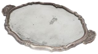 An early 20th century .800 silver mounted wooden twin handled mirror tray