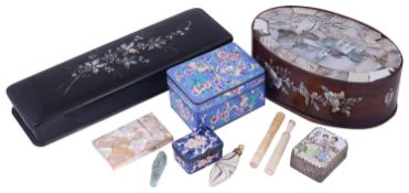 A 19th century Chinese export rosewood and mother of pearl oval box and other items