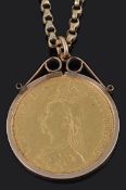 A Victorian double sovereign pendant on chain