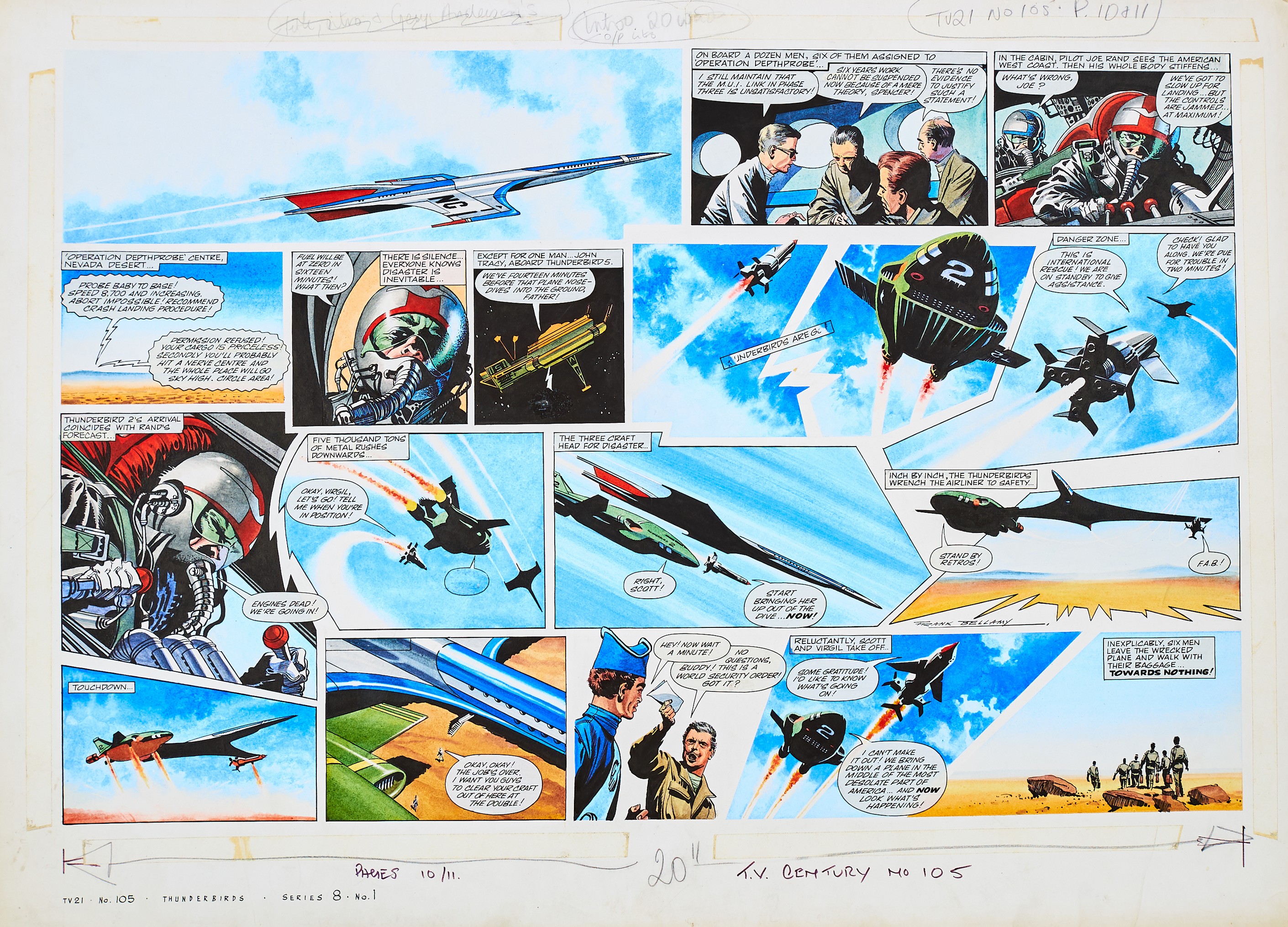Thunderbirds original double page artwork (1967) drawn, painted and signed by Frank Bellamy for TV