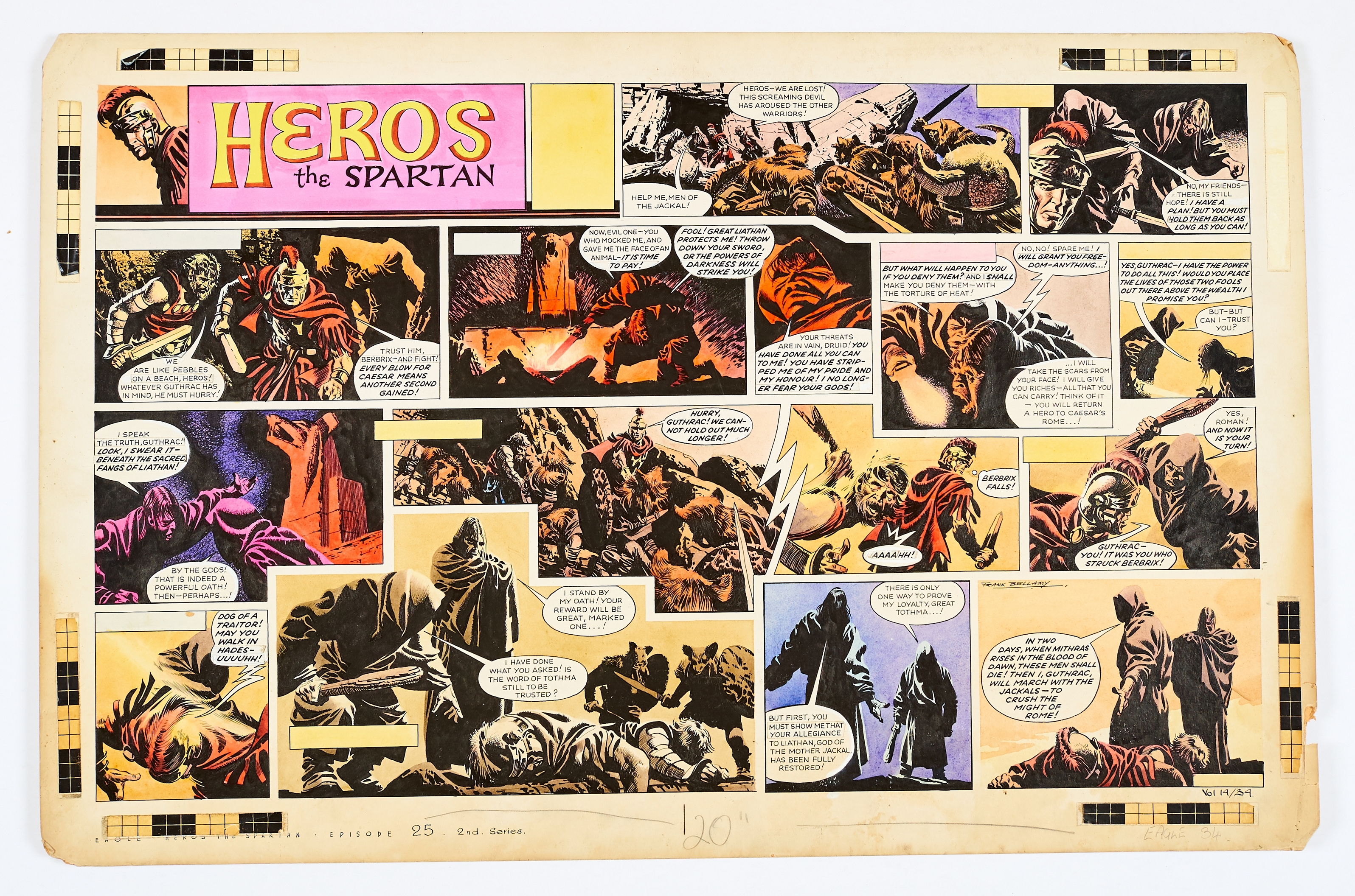 Heros The Spartan double-page original artwork (1963) painted and signed by Frank Bellamy from The