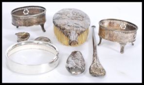 A selection of silver hallmarked items to include a pair of Georgian silver condiments with engraved