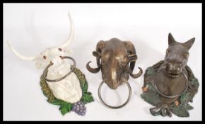 A collection of 3x Farm Animal themed towel holders / dog ties. All wall mountable, of cast iron