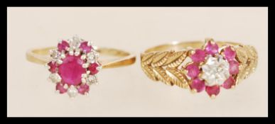 Two hallmarked 9ct gold ruby and diamond cluster rings, one having stylised foliate shoulders the
