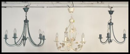 A selection of modern chandeliers / ceiling lights to include two matching brushed metal
