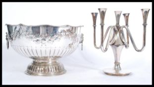 A late 19th / early 20th Century twin handled lion head mask pedestal rose, the bowl decorated