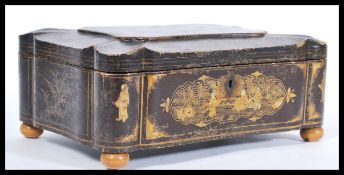 A 19th Century Chinese Canton export black lacquer work box of quilted rectangular shape with hand