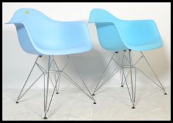 After Charles & Ray Eames - DAW Chairs - two contemporary bucket / dining chairs / armchairs. The