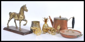 A collection of vintage brass wares to include a brass cast sculpture of a horse mounted on a