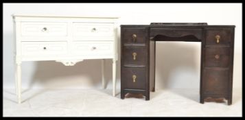 A 1920's oak twin pedestal kneehole desk together with a painted rococo shabby chic white hall