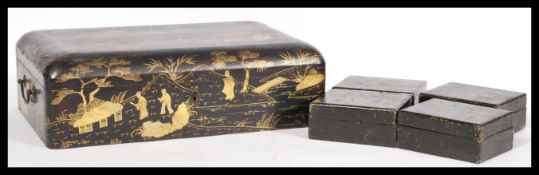 A 19th Century Chinese black lacquered casket having hand gilded decoration of domestic scenes,