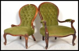 A pair of 19th Century Victorian walnut framed spoonback library / lounge chairs, both upholstered