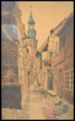 A 20th Century print of a pastel drawing by Erich Nikutowski depicting a street of a German town