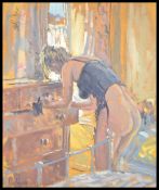 Ian Cryer PROI (Bn 1959)  A 20th century  oil on canvas painting of an erotic scene, semi-dressed