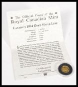 Royal Canadian Mint - Canada's 1994 gold maple leaf 2 Dollars coin, 24 carat gold 1/15oz, in capsule