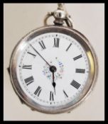 A 19th century Continental silver 935 ladies pocket fob watch having a white enamel face with