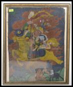 A 19th Century Tibetan gouache painting on fabric depicting a Buddhist wrathful deity riding on a