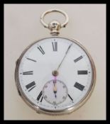 A 19th century Victorian silver hallmarked  pocket watch having a fusee movement. The white enamel