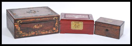 A group of three boxes to include an antique Georgian 19th century jewellery box, a Chinese hardwood