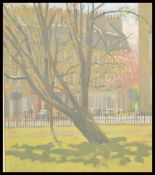 Ian Cryer PROI (Bn 1959)  A 20th century  oil on canvas painting of a street scene and old tree in