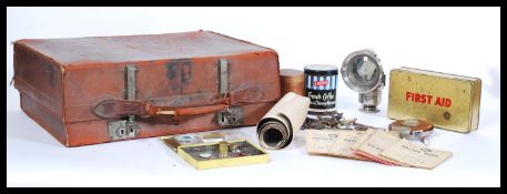 A selection of vintage retro items to include a leather suitcase bearing the initials O.F.T. , a