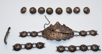 ANTIQUE RUSSIAN SILVER SWORD BELT SET WITH BROOCH AND BUTTONS..