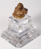 19TH CENTURY VICTORIAN CUT GLASS AND BRONZE TIGER HEAD PAPERWEIGHT