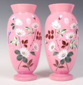 PAIR OF 19TH CENTURY VICTORIAN HANDPAINTED PINK MILK GLASS VASES