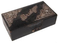 EDWARDIAN SILVER MOUNTED LEATHER BRIDGE BOX BY LEVI & SALAMAN.