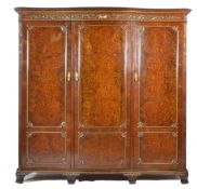 RARE MAPLE & CO ROSEWOOD SERPENTINE FRONTED TRIPLE WARDROBE