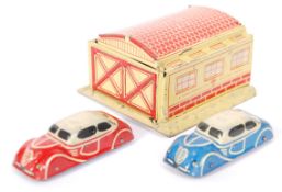 RARE VINTAGE CODEG BRITISH MADE TINPLATE CARS & GARAGE SET