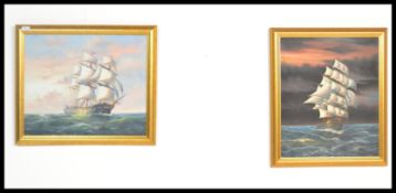 Two 20th Century acrylic on canvas paintings depicting sailing ships to include a painting of the