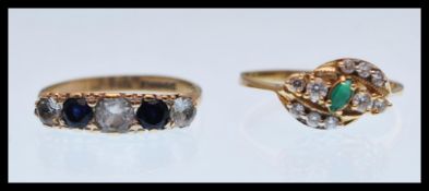 A hallmarked 9ct gold ring set with blue and white stones (hallmarked Birmingham, size O) along with