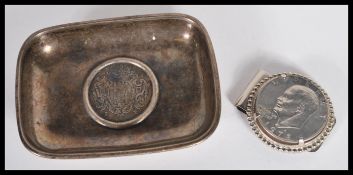 A rare 800 continental silver tray having an inset 1738 two Scudo coin featuring Raymond Despuig