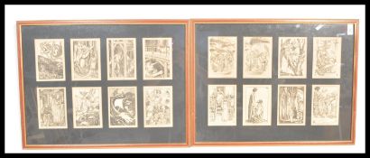 A framed and glazed set of sixteen small book prints depicting fairy tales of goblins and kings.