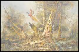A large oil on canvas painting of a woodland scene having a pheasant in flight to the centre of