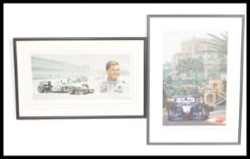 A pair of vintage Formula One F1 racing limited edition signed prints depicting David Coulthard