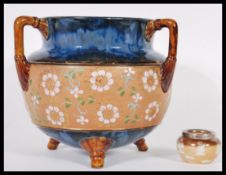 A Doulton Lambeth Slaters patent three handled pottery planter, of cauldron form painted in